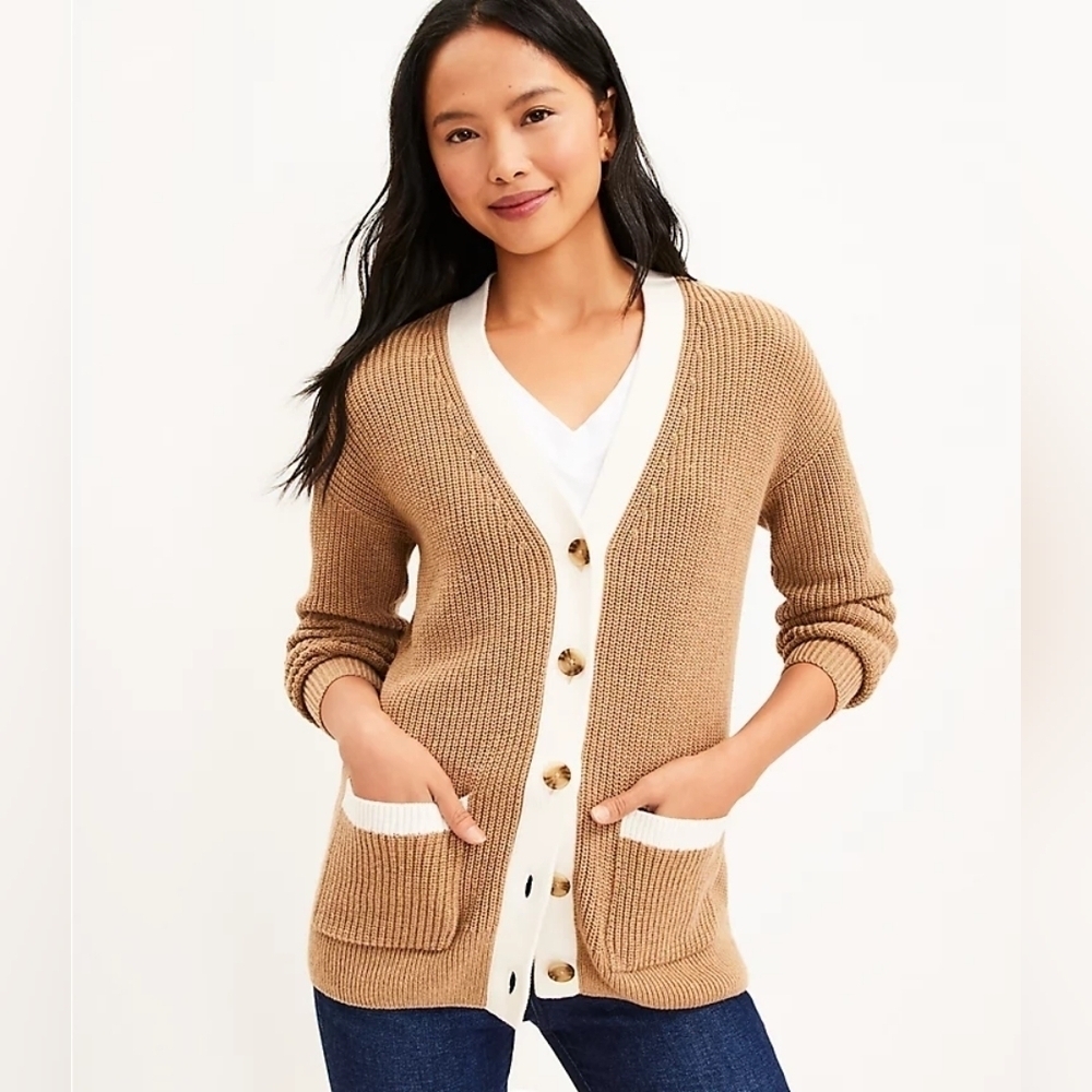 Loft #592073 Oversized Boyfriend Sweater Cardigan NWT Tan/Brown and Cream XS